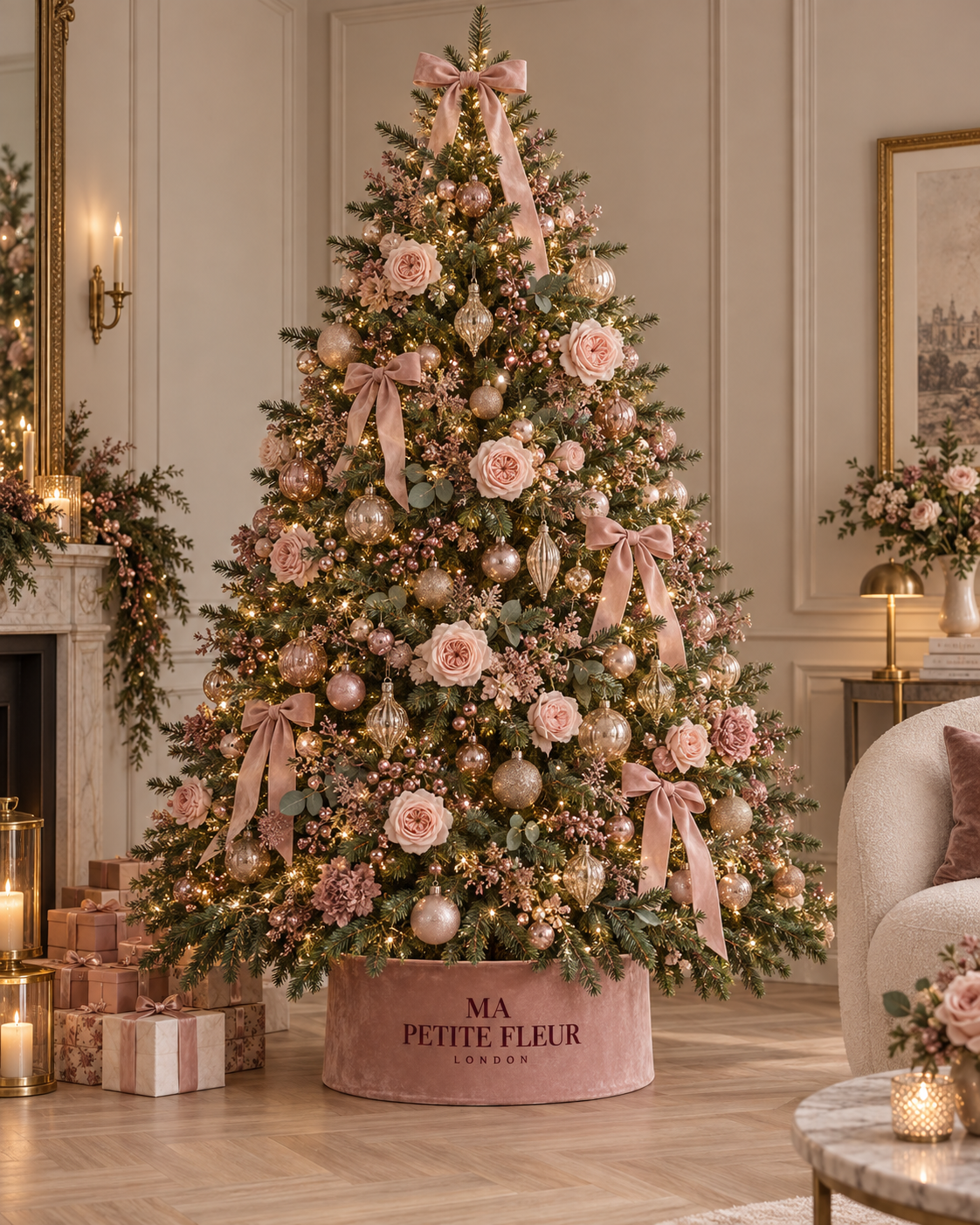 Blush Enchantment decorated Christmas tree with Ma Petite Fleur presentation