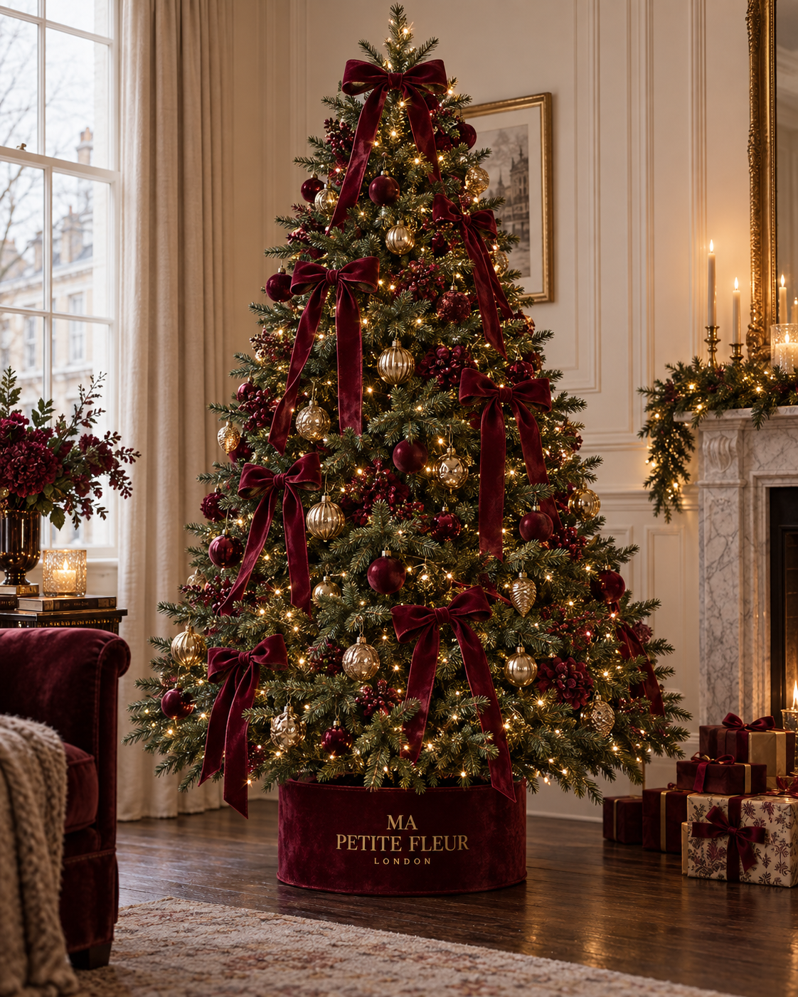Burgundy Noël decorated Christmas tree with Ma Petite Fleur presentation