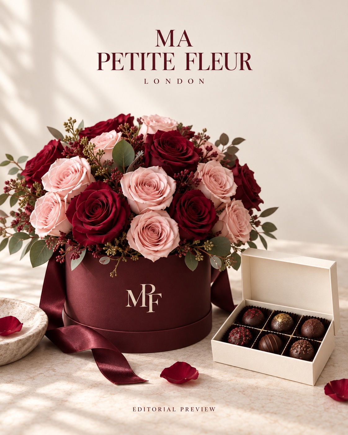 Collection inspiration: pink and burgundy roses beside a box of chocolate truffles