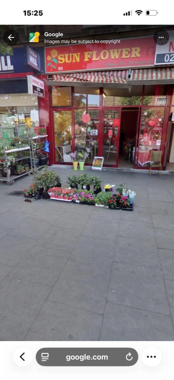 Potted plants and colourful flowers displayed outside the Sunflower family shop.