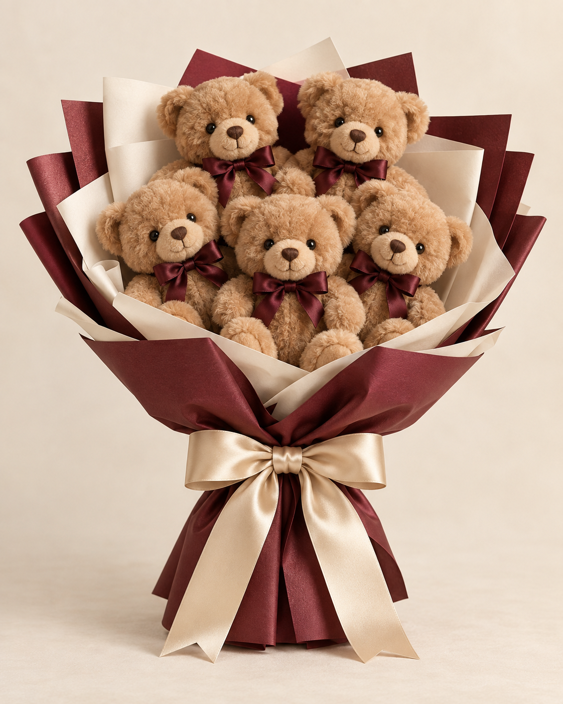 Caramel miniature teddy bears in rich burgundy and ivory wrapping, with satin bows and a little romance.